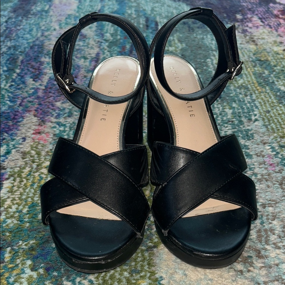Kelly & Katie Black Crisscross Ankle Strap Block Heels - Picture 6 of 16
